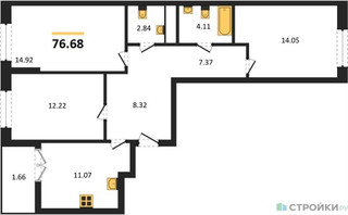Планировка трехкомнатной(квартира) площадью 76.68 квадратных метров в “ЖК Дюна”