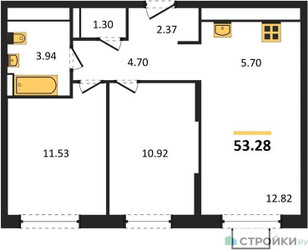 Планировка двухкомнатной(квартира) площадью 53.28 квадратных метров в ЖК “ЖК Прибрежный Парк”
