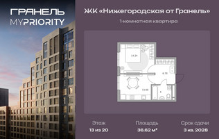 Планировка однокомнатной(квартира) площадью 36.62 квадратных метров в “ЖК Нижегородская от Гранель”