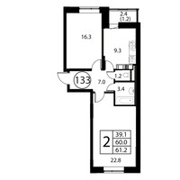 Планировка двухкомнатной(квартира) площадью 61.2 квадратных метров в “ЖК Космос”
