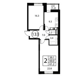 Планировка двухкомнатной(квартира) площадью 61.2 квадратных метров в ЖК “ЖК Космос”