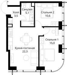 Планировка двухкомнатной(квартира) площадью 56.5 квадратных метров в ЖК “ЖК Сити Бэй”