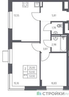 Планировка двухкомнатной(квартира) площадью 53.92 квадратных метров в “ЖК Богдановский Лес”