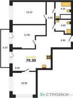 Планировка трехкомнатной(квартира) площадью 79.3 квадратных метров в “ЖК Бестселлер”