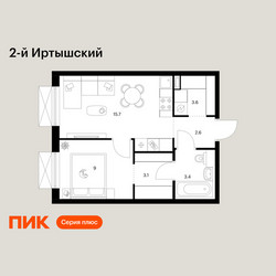 Планировка однокомнатной(квартира) площадью 37.4 квадратных метров в ЖК “ЖК 2-й Иртышский”