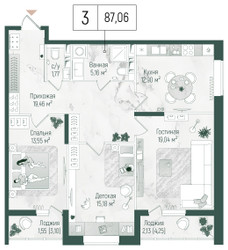 Планировка трехкомнатной(квартира) площадью 90.74 квадратных метров в ЖК “ЖК Рига Хиллс”
