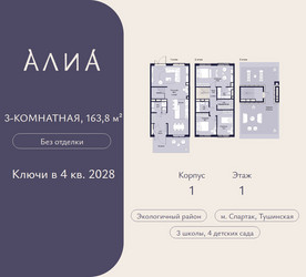 Планировка трехкомнатной(квартира) площадью 163.8 квадратных метров в ЖК “ЖК АЛИА”