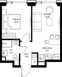 Планировка однокомнатной(квартира) площадью 37.86 квадратных метров в ЖК “ЖК СЕТ”