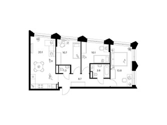 Планировка трехкомнатной(квартира) площадью 68.5 квадратных метров в ЖК “ЖК Матвеевский парк”