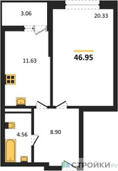 Планировка однокомнатной(квартира) площадью 46.95 квадратных метров в ЖК “ЖК Riga Hills (Рига Хиллс)”