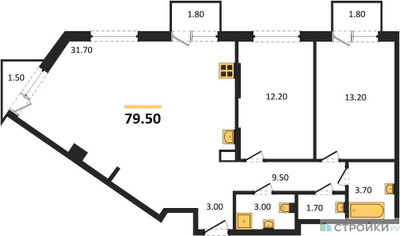 Планировка двухкомнатной(квартира) площадью 79.5 квадратных метров в ЖК “ЖК Sokolinn Park (Соколинн Парк)”