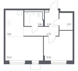 Планировка однокомнатной(квартира) площадью 46.96 квадратных метров в ЖК “ЖК Квартал Западный”