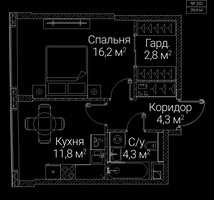 Планировка однокомнатной(квартира) площадью 39.4 квадратных метров в “ЖК СЕЗАР БУДУЩЕЕ”
