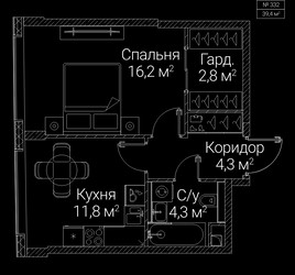 Планировка однокомнатной(квартира) площадью 39.4 квадратных метров в ЖК “ЖК СЕЗАР БУДУЩЕЕ”
