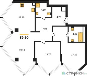 Планировка двухкомнатной(квартира) площадью 86.9 квадратных метров в ЖК “ЖК Монблан”