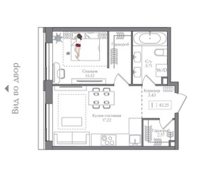 Планировка однокомнатной(квартира) площадью 42.25 квадратных метров в ЖК “ЖК Преображенская Площадь”