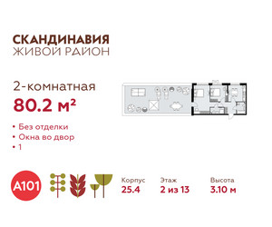 Планировка двухкомнатной(квартира) площадью 80.2 квадратных метров в ЖК “ЖК Скандинавия”
