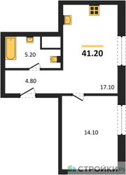 Планировка однокомнатной(квартира) площадью 41.2 квадратных метров в ЖК “Кутузов Сити”