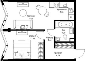 Планировка однокомнатной(квартира) площадью 42.88 квадратных метров в “Дом премиум-класса МИРА”