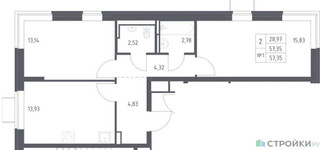 Планировка двухкомнатной(квартира) площадью 57.35 квадратных метров в “ЖК Богдановский Лес”