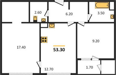Планировка двухкомнатной (квартира) площадью 53.3 квадратных метров в ЖК “Sky Garden”
