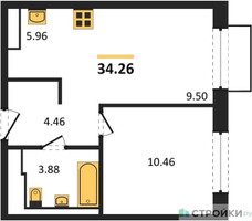 Планировка однокомнатной(квартира) площадью 34.26 квадратных метров в “ЖК Томилино Парк”