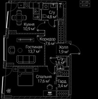 Планировка двухкомнатной(квартира) площадью 61.5 квадратных метров в “ЖК СЕЗАР БУДУЩЕЕ”