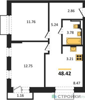 Планировка двухкомнатной(квартира) площадью 48.42 квадратных метров в “ЖК Долина Яузы”