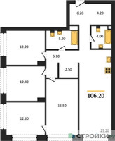 Планировка 4+ комнатной(квартира) площадью 106.2 квадратных метров в “ЖК Архитектурный проект RAKURS (Ракурс)”
