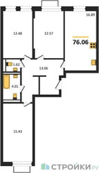 Планировка трехкомнатной(квартира) площадью 76.06 квадратных метров в ЖК “ЖК Квартал Строгино”
