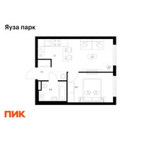 Планировка однокомнатной(квартира) площадью 34.1 квадратных метров в “ЖК Яуза Парк (Мытищи)”
