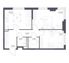 Планировка двухкомнатной(квартира) площадью 53.81 квадратных метров в ЖК “ЖК Пригород Лесное”