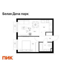 Планировка однокомнатной(квартира) площадью 38 квадратных метров в ЖК “ЖК Белая Дача парк”