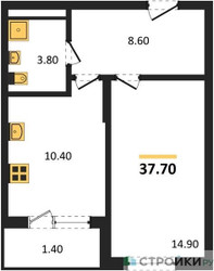 Планировка однокомнатной(апартаменты) площадью 37.7 квадратных метров в ЖК “ЖК Равновесие”