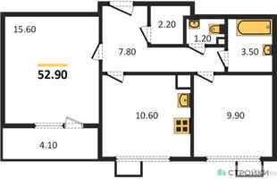 Планировка двухкомнатной(квартира) площадью 52.9 квадратных метров в “ЖК 1-й Ленинградский (Первый Ленинградский)”