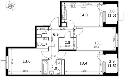 Планировка трехкомнатной(квартира) площадью 74 квадратных метров в ЖК “ЖК 1-й Химкинский (Первый Химкинский)”