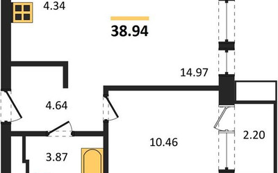 Планировка однокомнатной(квартира) площадью 38.94 квадратных метров в ЖК “ЖК Квартал Авиаторов”
