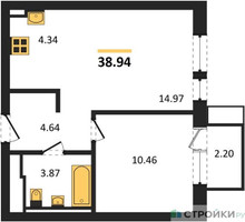 Планировка однокомнатной(квартира) площадью 38.94 квадратных метров в “ЖК Квартал Авиаторов”