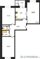 Планировка трехкомнатной(квартира) площадью 82.9 квадратных метров в “ЖК Три квартала”