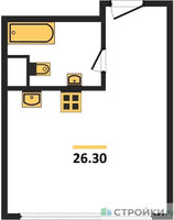 Планировка студии(апартаменты) площадью 26.3 квадратных метров в “ЖК Nametkin Tower (Наметкин Тауэр)”
