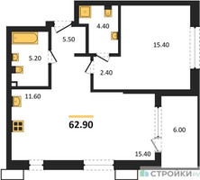 Планировка однокомнатной(квартира) площадью 62.9 квадратных метров в “ЖК Дзен-кварталы”