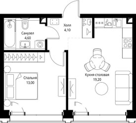 Планировка однокомнатной(квартира) площадью 41.2 квадратных метров в ЖК “ЖК СЕТ”