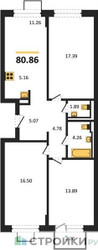Планировка трехкомнатной(квартира) площадью 80.86 квадратных метров в ЖК “ЖК Подольские кварталы”