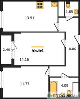 Планировка двухкомнатной(квартира) площадью 55.64 квадратных метров в “ЖК Светлый мир БиоПолис”