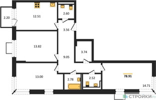 Планировка трехкомнатной(квартира) площадью 78.91 квадратных метров в “ЖК Богдановский Лес”