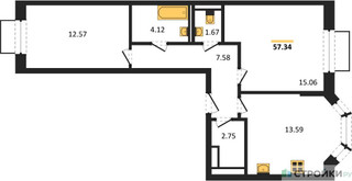 Планировка двухкомнатной(квартира) площадью 57.34 квадратных метров в “ЖК Квартал Домашний”