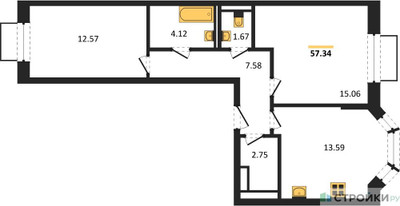 Планировка двухкомнатной(квартира) площадью 57.34 квадратных метров в ЖК “ЖК Квартал Домашний”