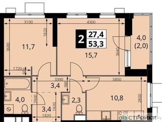 Планировка двухкомнатной(квартира) площадью 53.3 квадратных метров в “ЖК 1-й Измайловский (Первый Измайловский)”