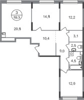 Планировка трехкомнатной(квартира) площадью 89.3 квадратных метров в “ЖК Переделкино Ближнее”