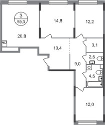 Планировка трехкомнатной(квартира) площадью 89.3 квадратных метров в ЖК “ЖК Переделкино Ближнее”